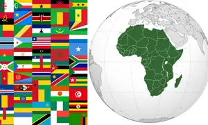 Kraje afryki na tle flag. Mapa świata z zaznaczonym kontynentem afrykańskim i mozaika flag państw afrykańskich.