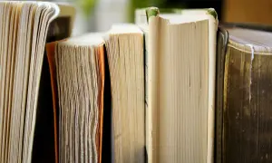 Stos starych książek, z widocznymi grzbietami i kartkami. Każda z nich to osobna historia, a ich układ podkreśla **emfaza** wiedzy.