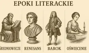 Ilustracja przedstawia epoki literackie: średniowiecze, renesans, barok i oświecenie. W każdej epoce widoczne są charakterystyczne cechy dramatu i pisarstwa.