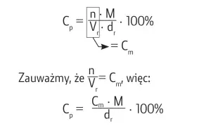 Wzór na stężenie procentowe: Cp = (n/Vr) * M/dr * 100%. Zauważamy, że n/Vr = Cm, więc Cp = Cm * M/dr * 100%.