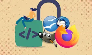 Kobieta z laptopem siedzi na zielonej kłódce z kodem. Wokół niej ikony popularnych programów: GIMP, Firefox, Thunderbird, Outlook. Ta aplikacja to centrum cyfrowego świata.