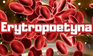 Czerwone krwinki unoszą się w tle, a na pierwszym planie napis "Erytropoetyna".