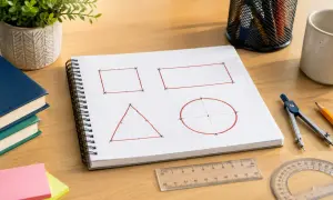 Na zeszycie w kratkę narysowane są figury geometryczne: kwadrat, prostokąt, trójkąt i okrąg. Obok leżą przybory do geometrii, książki i roślina.