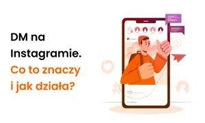 Ilustracja przedstawia smartfon z profilem na Instagramie, dymkami czatu i ikoną wysyłki.
