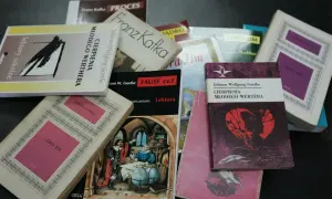 Książki z motywem ojczyzny, jak "Cierpienia młodego Wertera" czy "Lord Jim", leżą na stole, czekając na odkrycie.