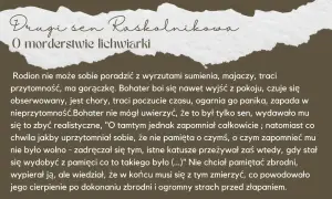 Drugi sen Raskolnikowa o morderstwie lichwiarki. Bohater majaczy, traci przytomność, ogarnia go panika.