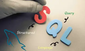 Palec układa literę S, tworząc z Q i L napis SQL. Obok delfin i napisy "Structured Query Language".