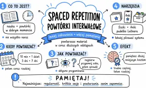 Schemat powtórki interwałowej: nauka i powtórki w dobrym momencie, kiedy powtarzać, jak powtarzać, narzędzia i efekt. Kluczowe jest powtarzanie.