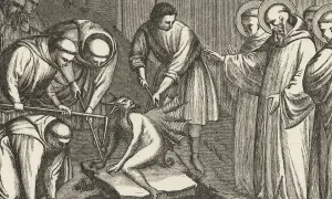 Mnisi w habicie walczą z demonem, symbolizując walkę ze złem i scholastykę.