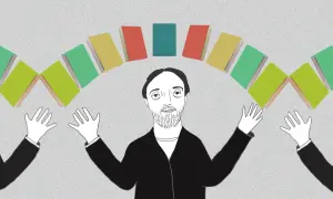 Mężczyzna z brodą otoczony książkami, jakby prezentował wiedzę. Dwie pary rąk wyciągają się ku niemu, symbolizując zainteresowanie. To jakby pytanie: "Pamflet co to?".