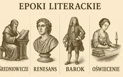 Ilustracja przedstawia epoki literackie: średniowiecze, renesans, barok i oświecenie. W każdej epoce widoczne są charakterystyczne cechy dramatu i pisarstwa.