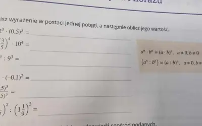Zadanie 1. Zapisz wyrażenie w postaci jednej potęgi, np. a) 2³ · (0,5)³ = (2 · 0,5)³ = 1³.