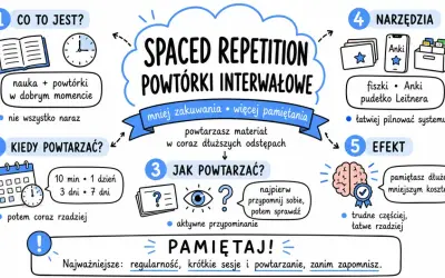 Schemat powtórki interwałowej: nauka i powtórki w dobrym momencie, kiedy powtarzać, jak powtarzać, narzędzia i efekt. Kluczowe jest powtarzanie.
