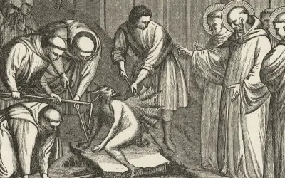 Mnisi w habicie walczą z demonem, symbolizując walkę ze złem i scholastykę.