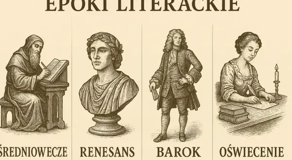 Ilustracja przedstawia epoki literackie: średniowiecze, renesans, barok i oświecenie. W każdej epoce widoczne są charakterystyczne cechy dramatu i pisarstwa.