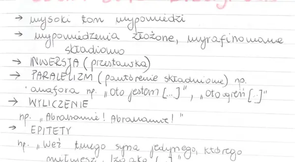 Cechy stylu biblijnego: paralelizm składniowy, np. "Oto jestem", "Oto ogień".