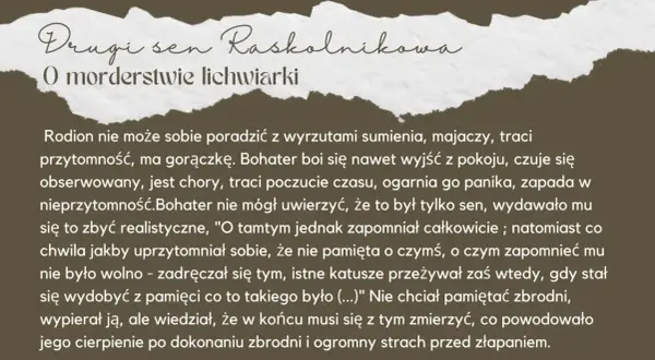 Drugi sen Raskolnikowa o morderstwie lichwiarki. Bohater majaczy, traci przytomność, ogarnia go panika.