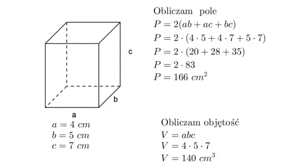 Ilustracja przedstawia prostopadłościan z wymiarami a=4, b=5, c=7 cm. Obok znajduje się wzór na pole prostopadłościanu i jego obliczenie.