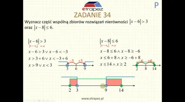 Rozwiązanie nierówności z wartością bezwzględną, gdzie liczby rzeczywiste tworzą przedziały. Pokazano graficznie zbiory rozwiązań i ich część wspólną.