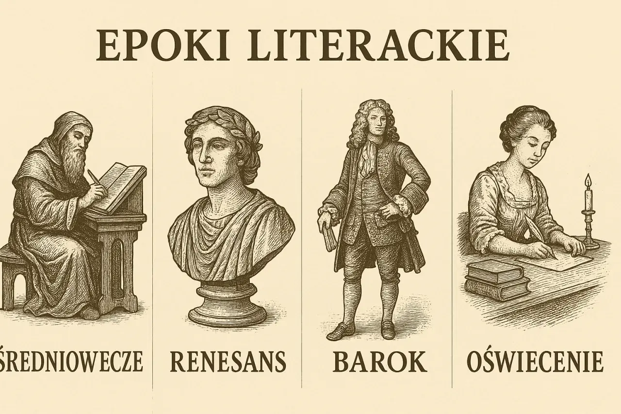 Ilustracja przedstawia epoki literackie: średniowiecze, renesans, barok i oświecenie. W każdej epoce widoczne są charakterystyczne cechy dramatu i pisarstwa.