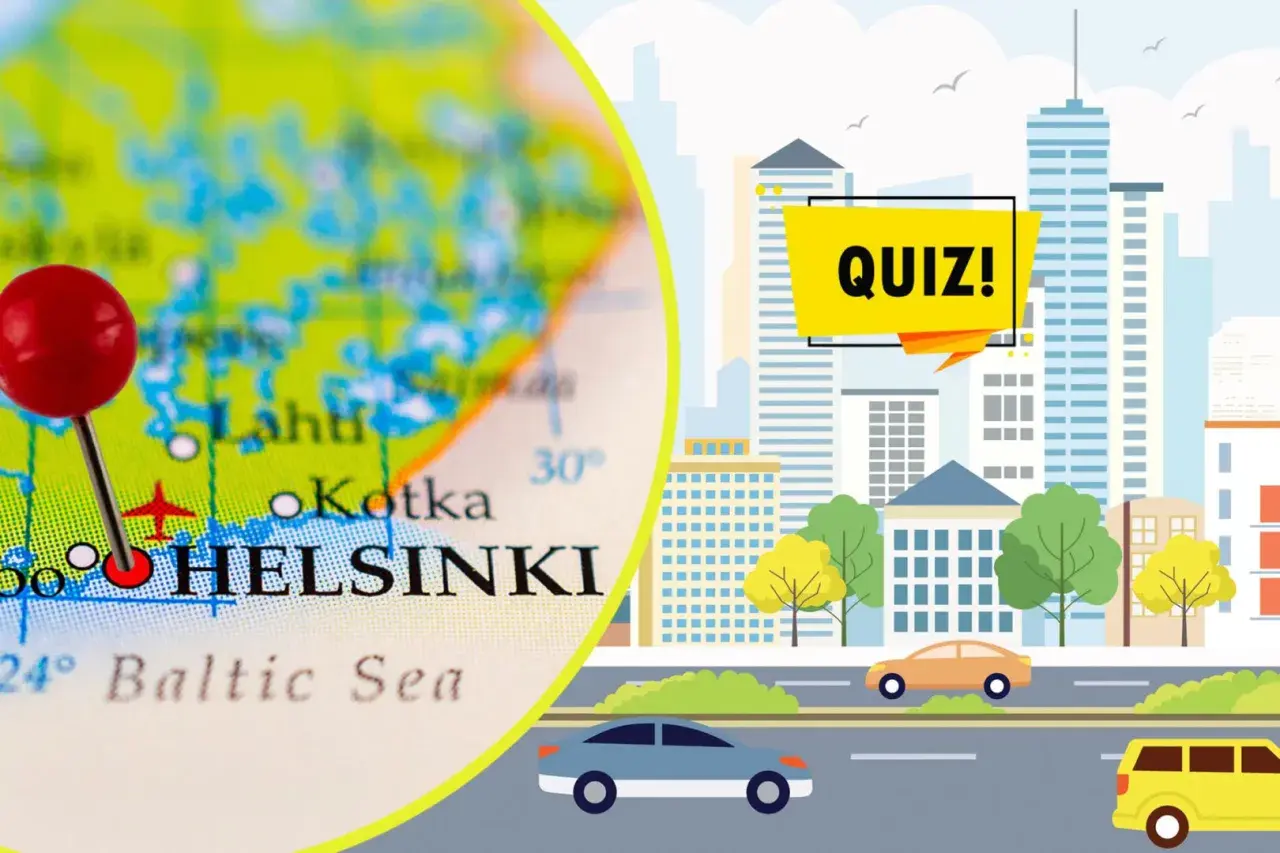 Quiz o stolicy Finlandii, Helsinkach, na tle miasta.