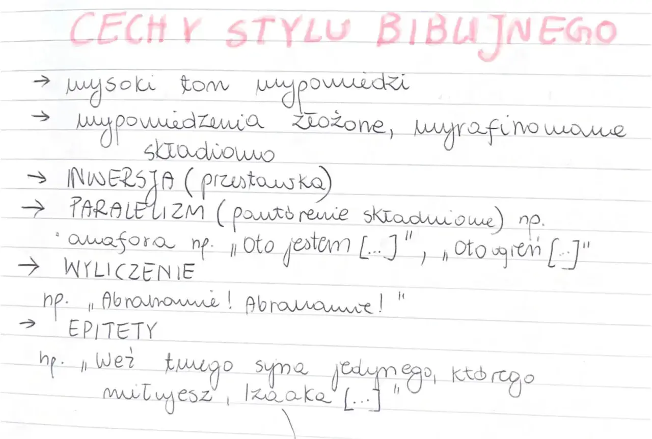 Cechy stylu biblijnego: paralelizm składniowy, np. "Oto jestem", "Oto ogień".
