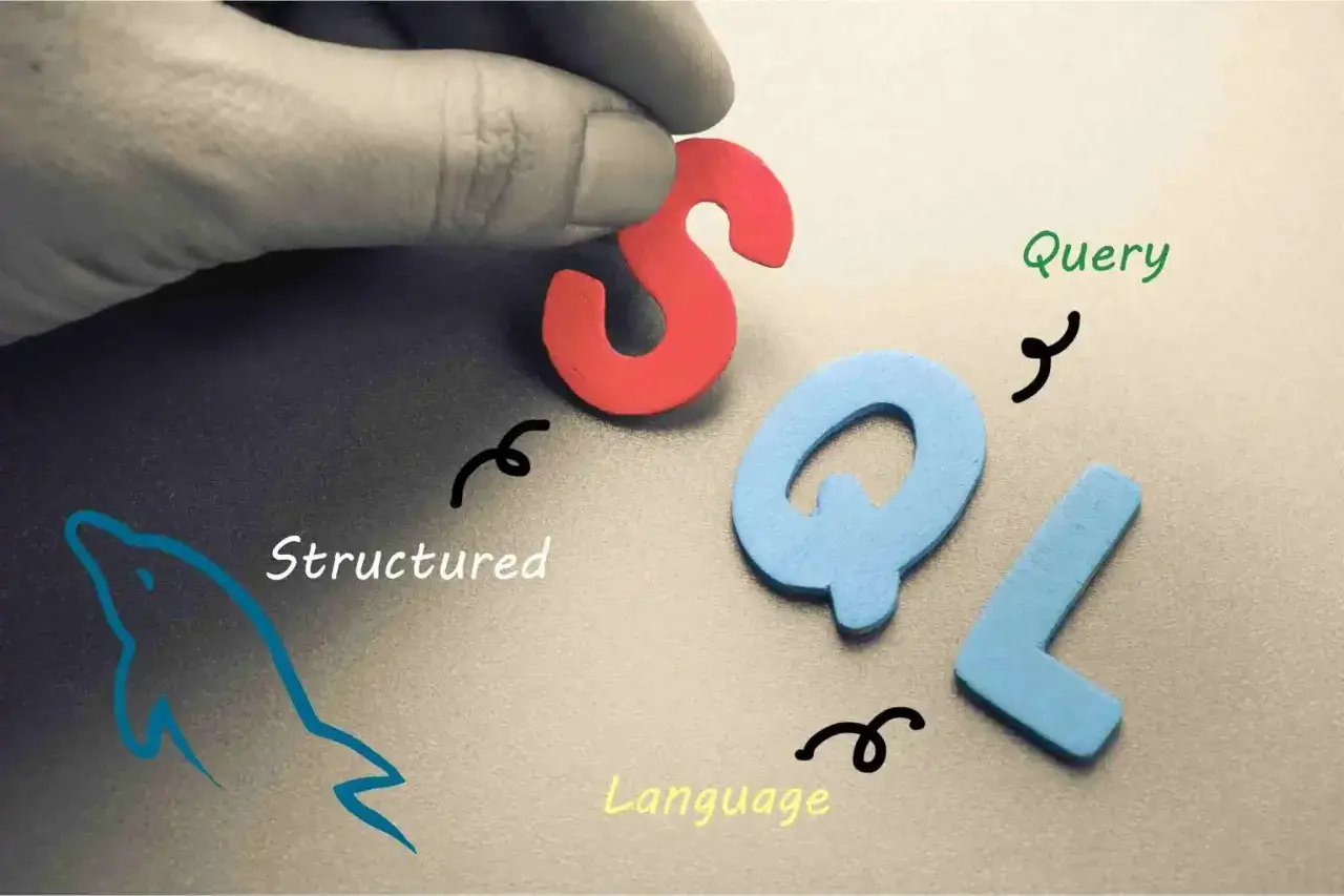 Palec układa literę S, tworząc z Q i L napis SQL. Obok delfin i napisy "Structured Query Language".
