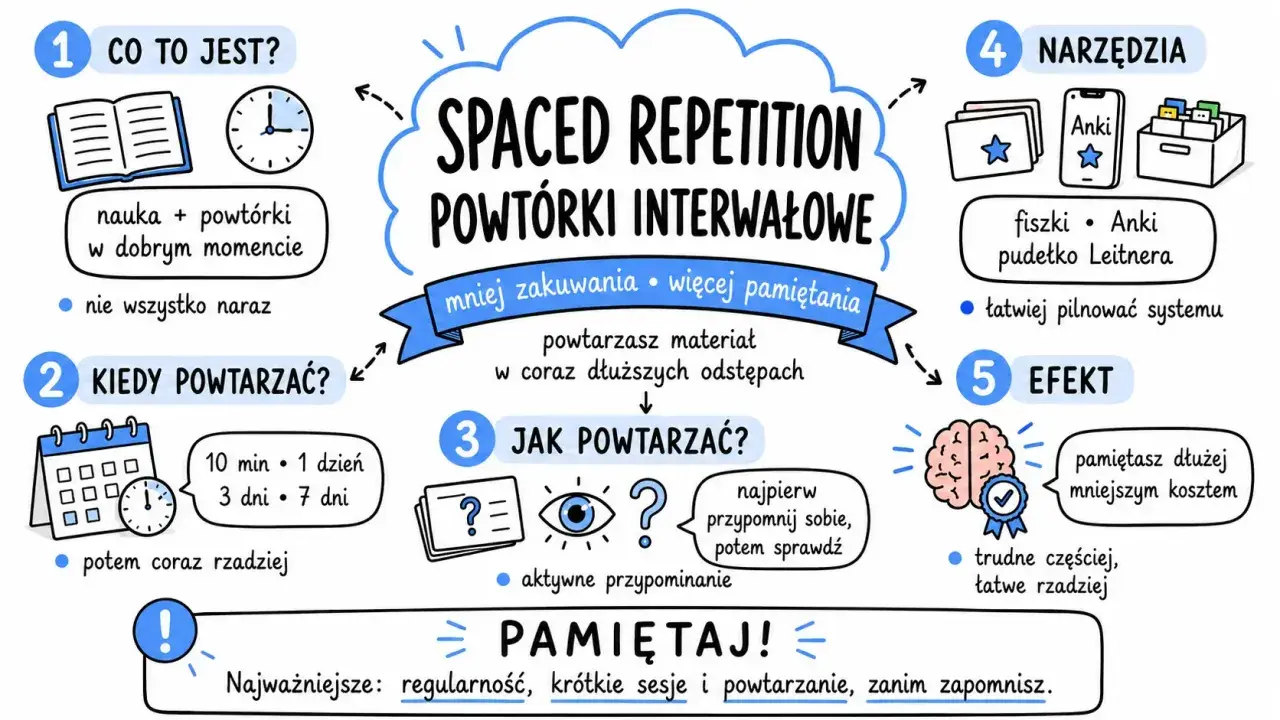 Schemat powtórki interwałowej: nauka i powtórki w dobrym momencie, kiedy powtarzać, jak powtarzać, narzędzia i efekt. Kluczowe jest powtarzanie.