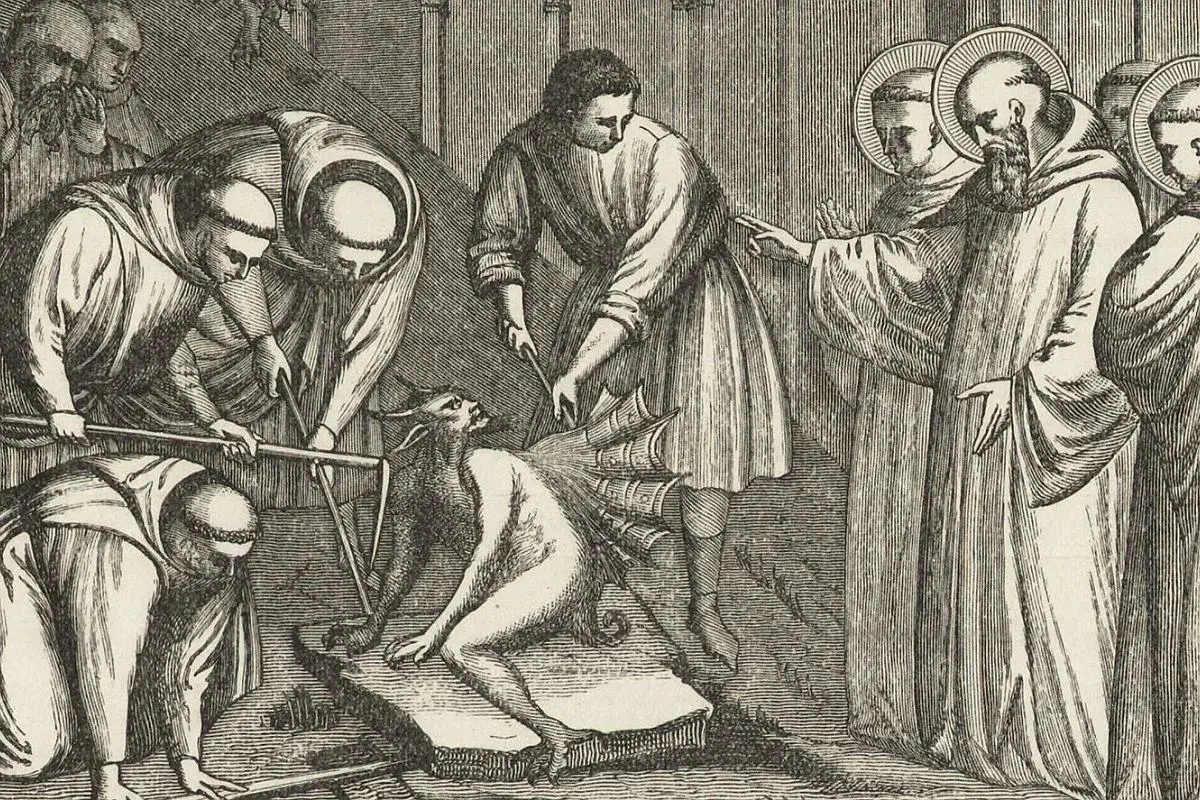 Mnisi w habicie walczą z demonem, symbolizując walkę ze złem i scholastykę.