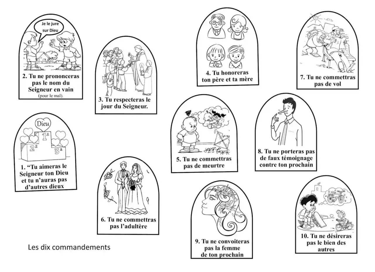 Ilustracja przedstawia 10 przykazań bożych oryginalne, z prostymi rysunkami ilustrującymi każde z nich.