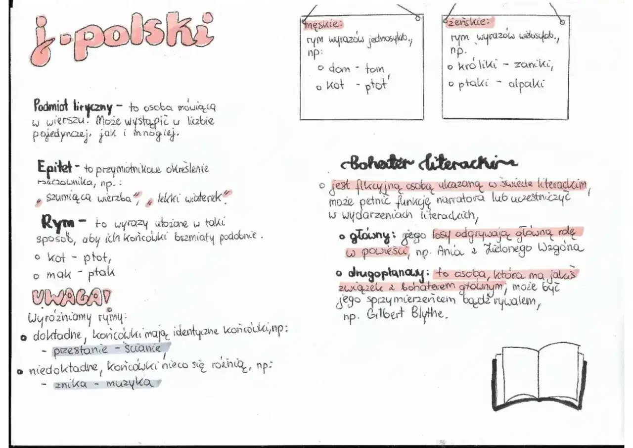 Notatki o języku polskim: podmiot liryczny, epitet, rym (np. kot-ptak), bohater literacki.