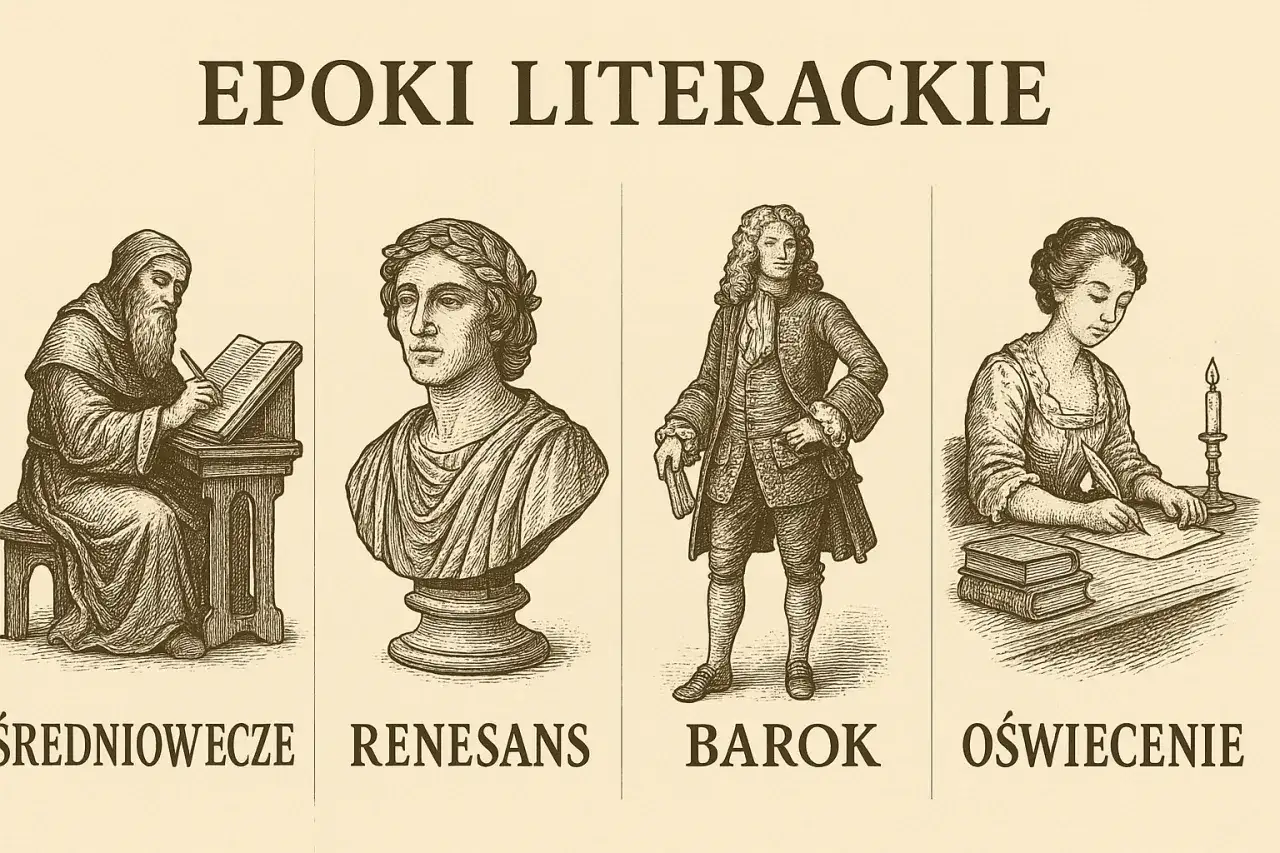 Ilustracja przedstawia epoki literackie: średniowiecze, renesans, barok i oświecenie. W każdej epoce widoczne są charakterystyczne cechy dramatu i pisarstwa.
