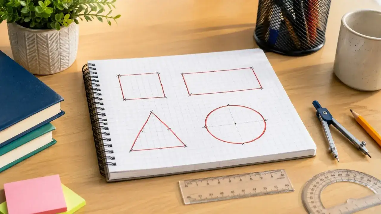 Na zeszycie w kratkę narysowane są figury geometryczne: kwadrat, prostokąt, trójkąt i okrąg. Obok leżą przybory do geometrii, książki i roślina.