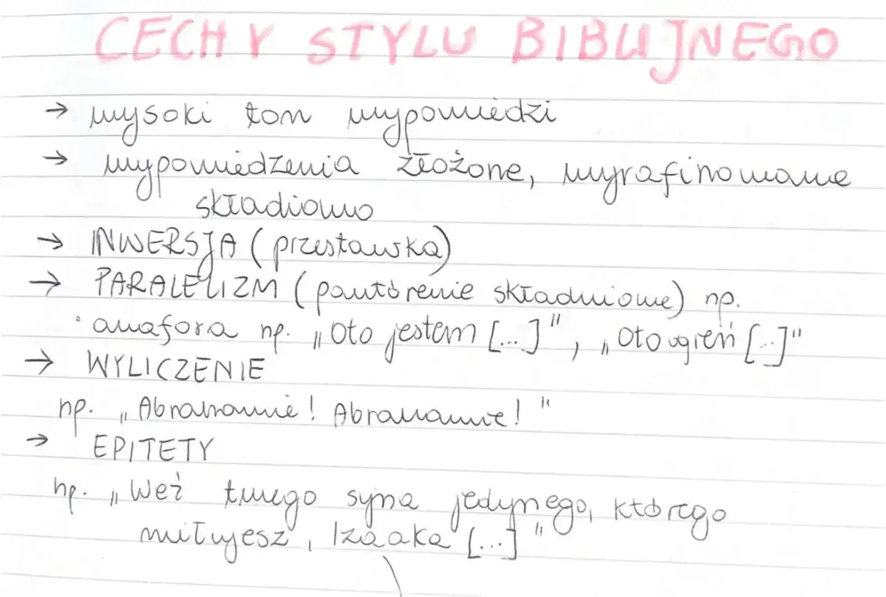 Cechy stylu biblijnego: paralelizm składniowy, np. "Oto jestem", "Oto ogień".