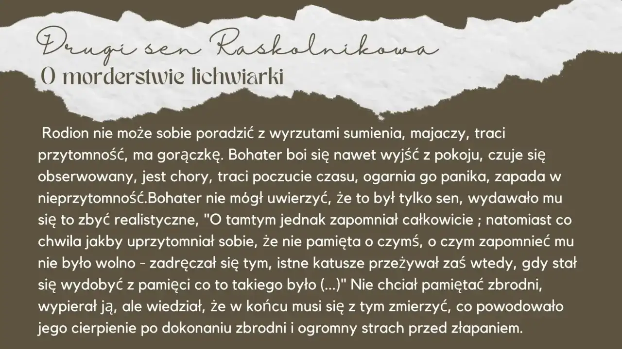Drugi sen Raskolnikowa o morderstwie lichwiarki. Bohater majaczy, traci przytomność, ogarnia go panika.