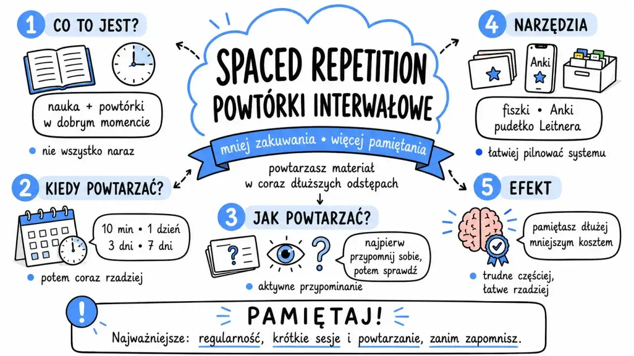 Schemat powtórki interwałowej: nauka i powtórki w dobrym momencie, kiedy powtarzać, jak powtarzać, narzędzia i efekt. Kluczowe jest powtarzanie.