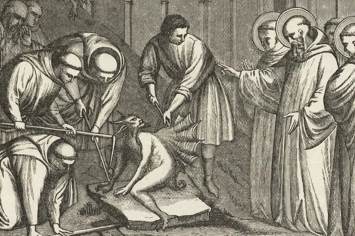 Mnisi w habicie walczą z demonem, symbolizując walkę ze złem i scholastykę.