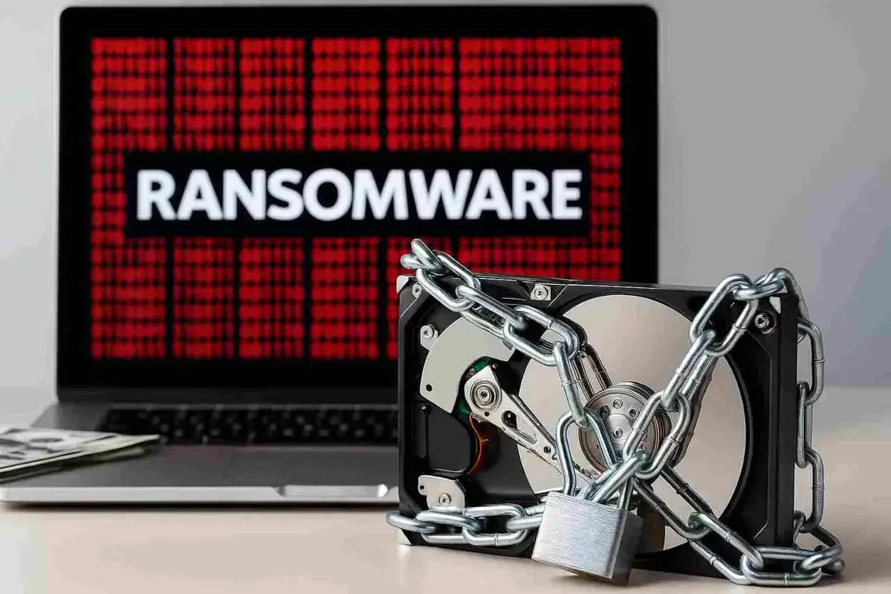 Dysk twardy zamknięty na kłódkę i łańcuch, na ekranie laptopa napis RANSOMWARE. Groźba cyberataku.