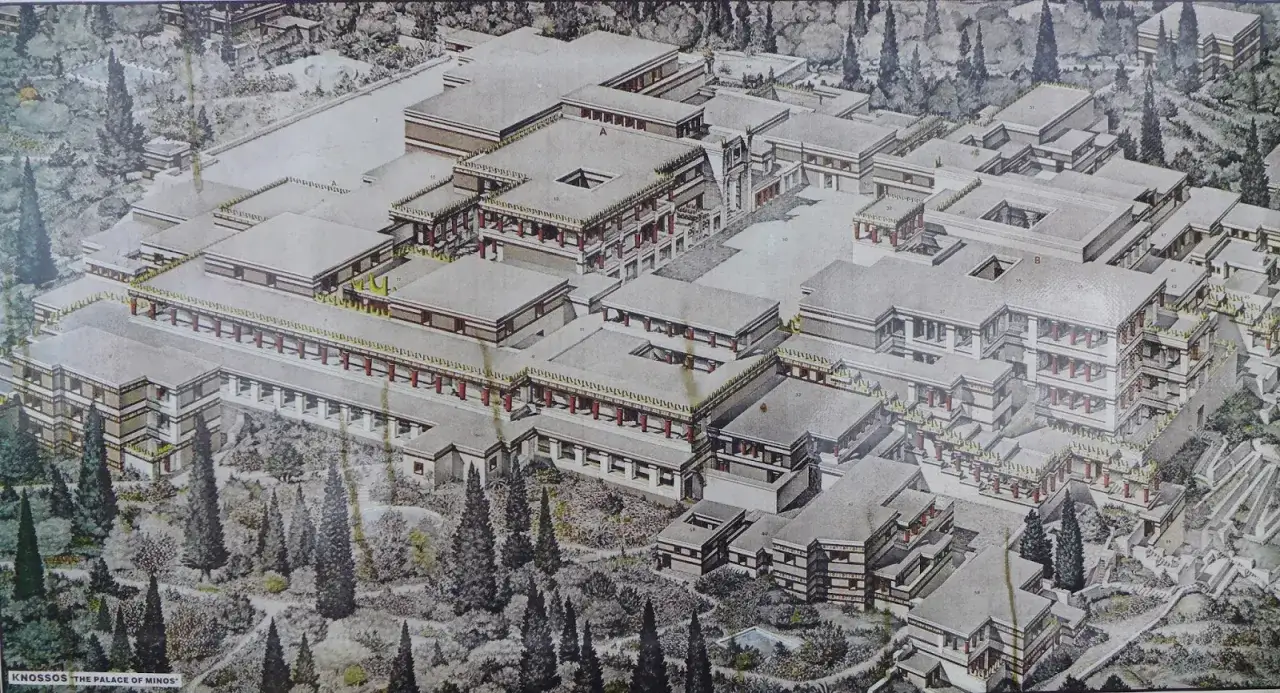 Rekonstrukcja pałacu w Knossos, rozległego kompleksu z dziedzińcami, kolumnami i wieloma piętrami, otoczonego drzewami.