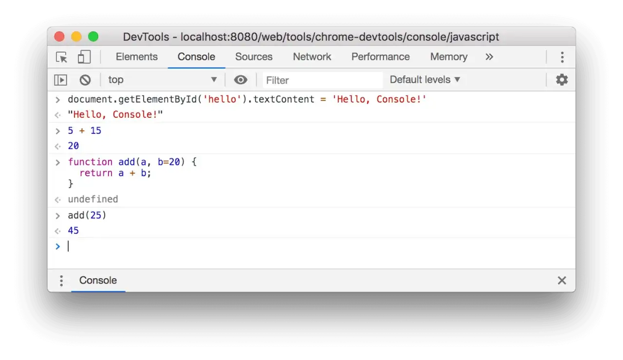 Konsola JavaScript pokazuje wyniki prostych obliczeń i definicję funkcji.