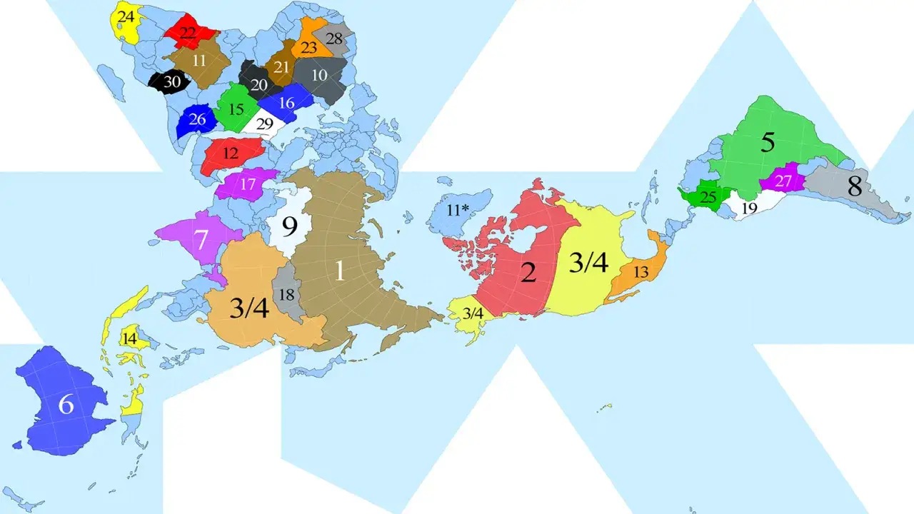 Mapa świata podzielona na regiony z numerami. Region 1, największy kraj na świecie, zajmuje znaczną część Azji.