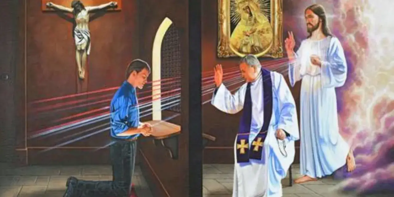Chłopiec klęczy przy konfesjonale, ksiądz udziela mu rozgrzeszenia, a Jezus błogosławi. To obraz spowiedzi.