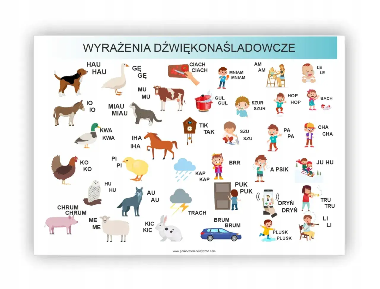 Zwierzęta i przedmioty wydają dźwięki: hau, mu, miauu, kwa, ko, hu, au, chrum, me, kic, ge, ciach, gul, tik, kap, brr, puk, dryń, tru, li. To onomatopeja!