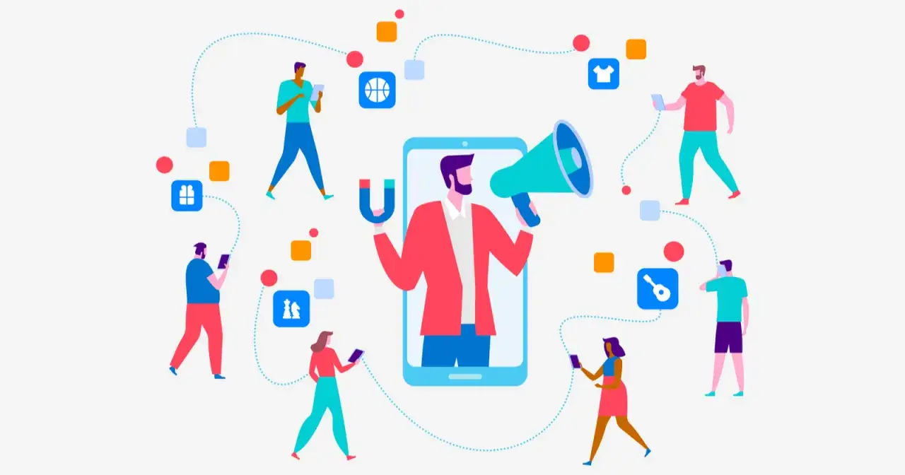 Influencerka z megafonem przyciąga uwagę ludzi z telefonami. Sieć połączeń symbolizuje zasięg i wpływ.