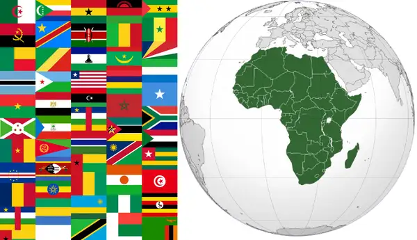 Kraje afryki na tle flag. Mapa świata z zaznaczonym kontynentem afrykańskim i mozaika flag państw afrykańskich.