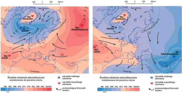 Mapy pokazują rozkład niskie ciśnienie atmosferyczne nad Europą i Arktyką. Widać ośrodki niżu islandzkiego i południowoazjatyckiego.