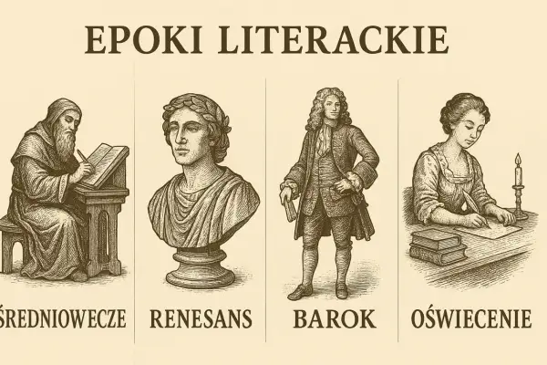 Ilustracja przedstawia epoki literackie: średniowiecze, renesans, barok i oświecenie. W każdej epoce widoczne są charakterystyczne cechy dramatu i pisarstwa.