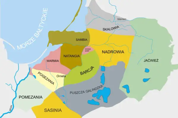 Mapa historycznych ziem Prusów: Sambia, Natangia, Warmia, Pomezania, Pogezania, Sasinia, Barcja, Skalovia, Nadrowia, Jaćwież.