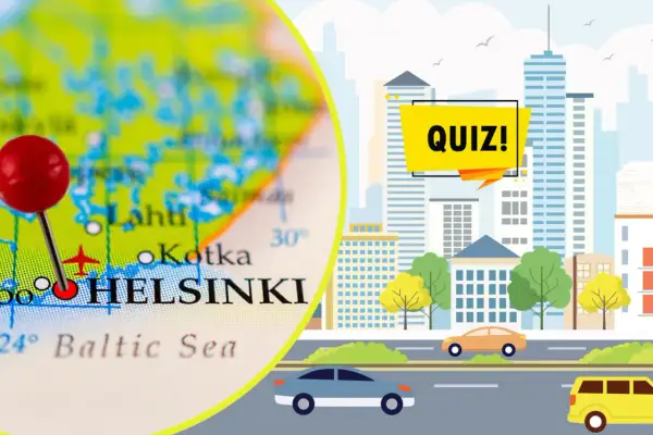 Quiz o stolicy Finlandii, Helsinkach, na tle miasta.