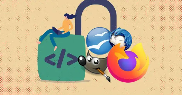 Kobieta z laptopem siedzi na zielonej kłódce z kodem. Wokół niej ikony popularnych programów: GIMP, Firefox, Thunderbird, Outlook. Ta aplikacja to centrum cyfrowego świata.